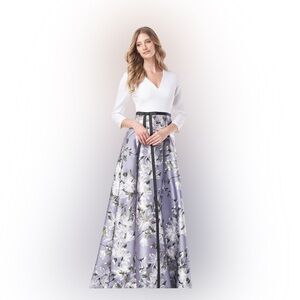 THEIA Floral A Line Evening Gown • White V Neck Bodice • Gray Floral Maxi Dress